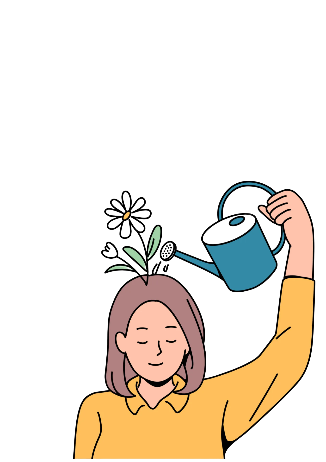 Ilustracja kobiety podlewającej kwiaty rosnące z jej głowy — symbol troski o zdrowie psychiczne